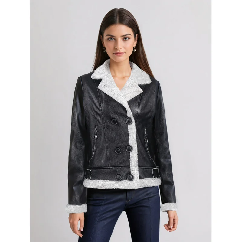 Casaco de couro grosso forrado de lã casaco feminino inverno senhora casaco de pele de couro feminino