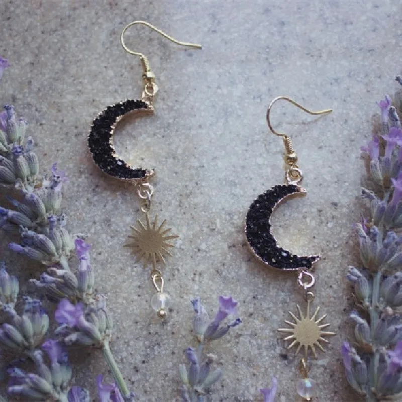 Charming Stone Crescent Moon Sun Earrings Phase Boho Witchy Brass Hippie Delicacy Novelty Jewelry Women Gift Metal Statement view 2