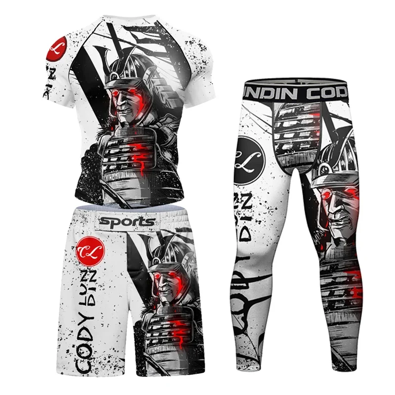 New Men Rashguard MMA T-shirt +Pants MMA Shorts 4PCS/Set Brazilian Grappling Jiu Jitsu Bjj Boxing Jerseys Rash Guard Sportswear