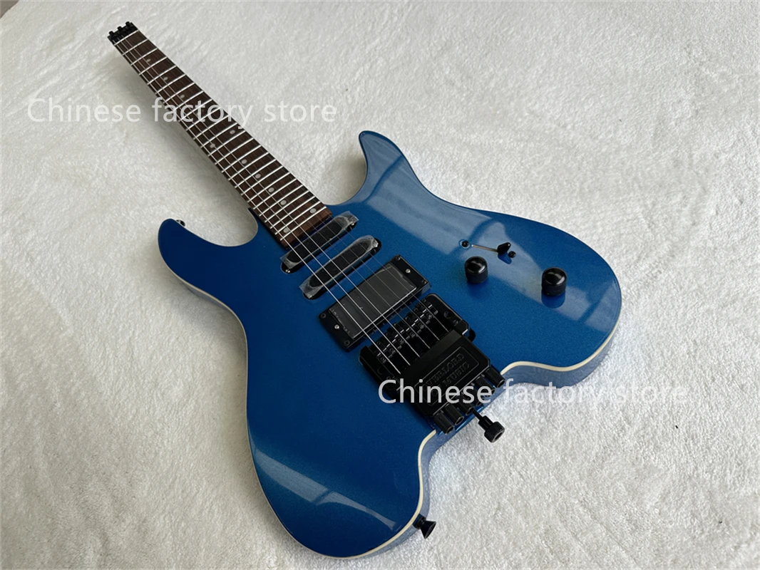 Headless Electric Guitar Metal Blue Guitar Basswood Body White Binding SSH Pickups Fixed Bridge Black Neck