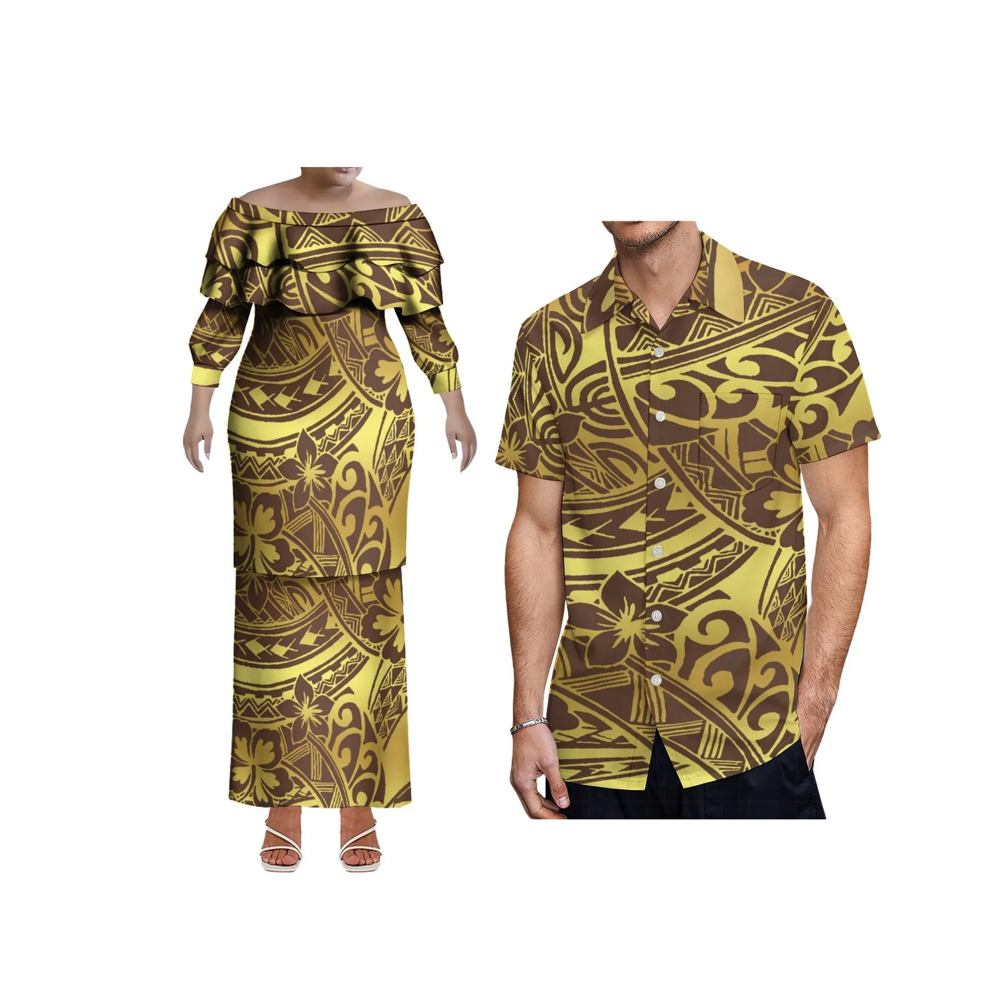 Vestido plissado de camada dupla personalizado, vestido polinésio puletasi, tamanho grande, vestido de um ombro, conjunto de saia, top e saias