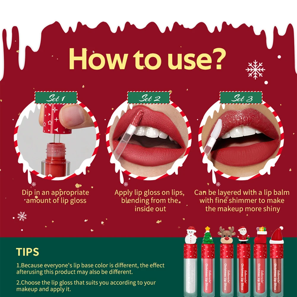 6 contagens/conjunto de maquiagem labial de natal inclui bálsamo labial gloss labial de longa duração à prova d' água presente surpresa cosmética de natal para mulheres
