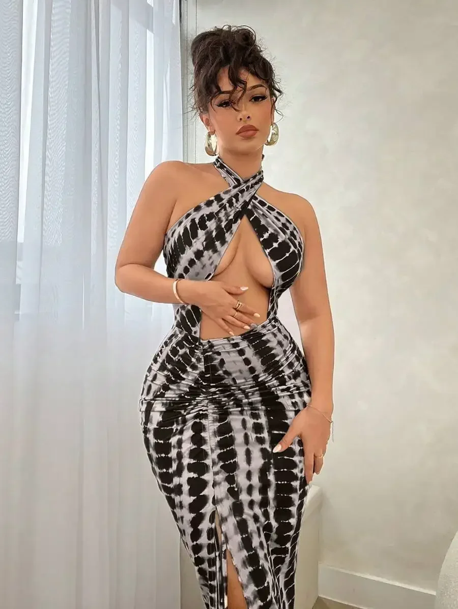 

Knitted Tie-Dye Halter Neck Hollow Out Sexy Dress For Women