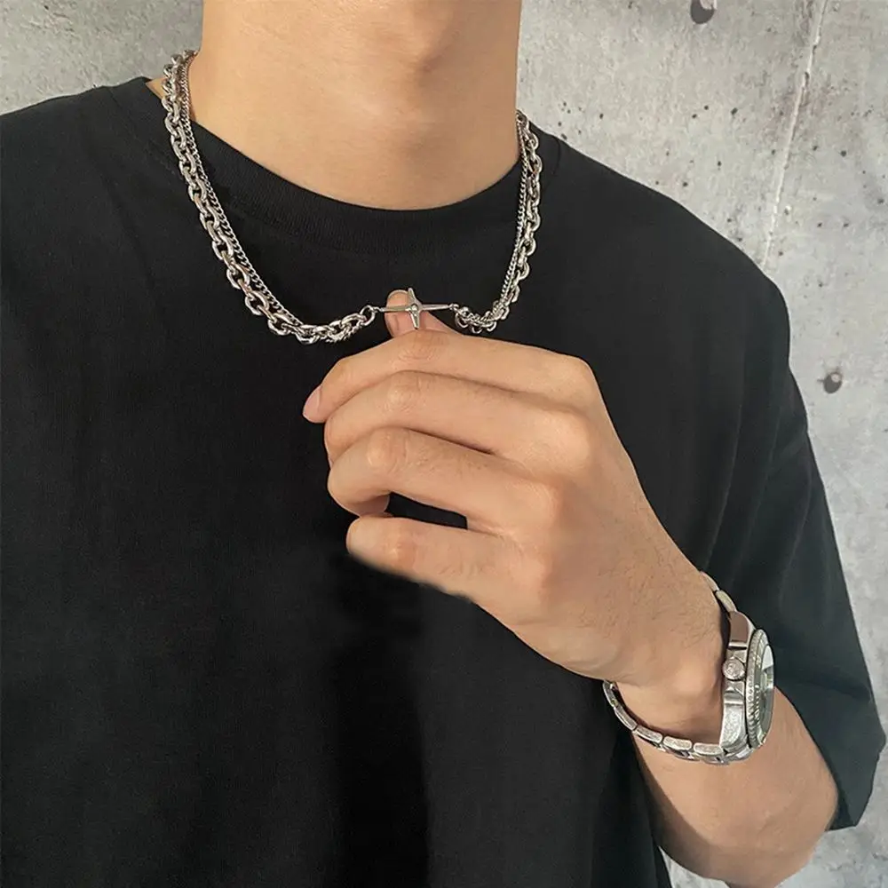 Korean Double Cross Necklace Hip Hop Punk Titanium Steel Irregular Geometric Hollow Clavicle Chain The Same Bracelet