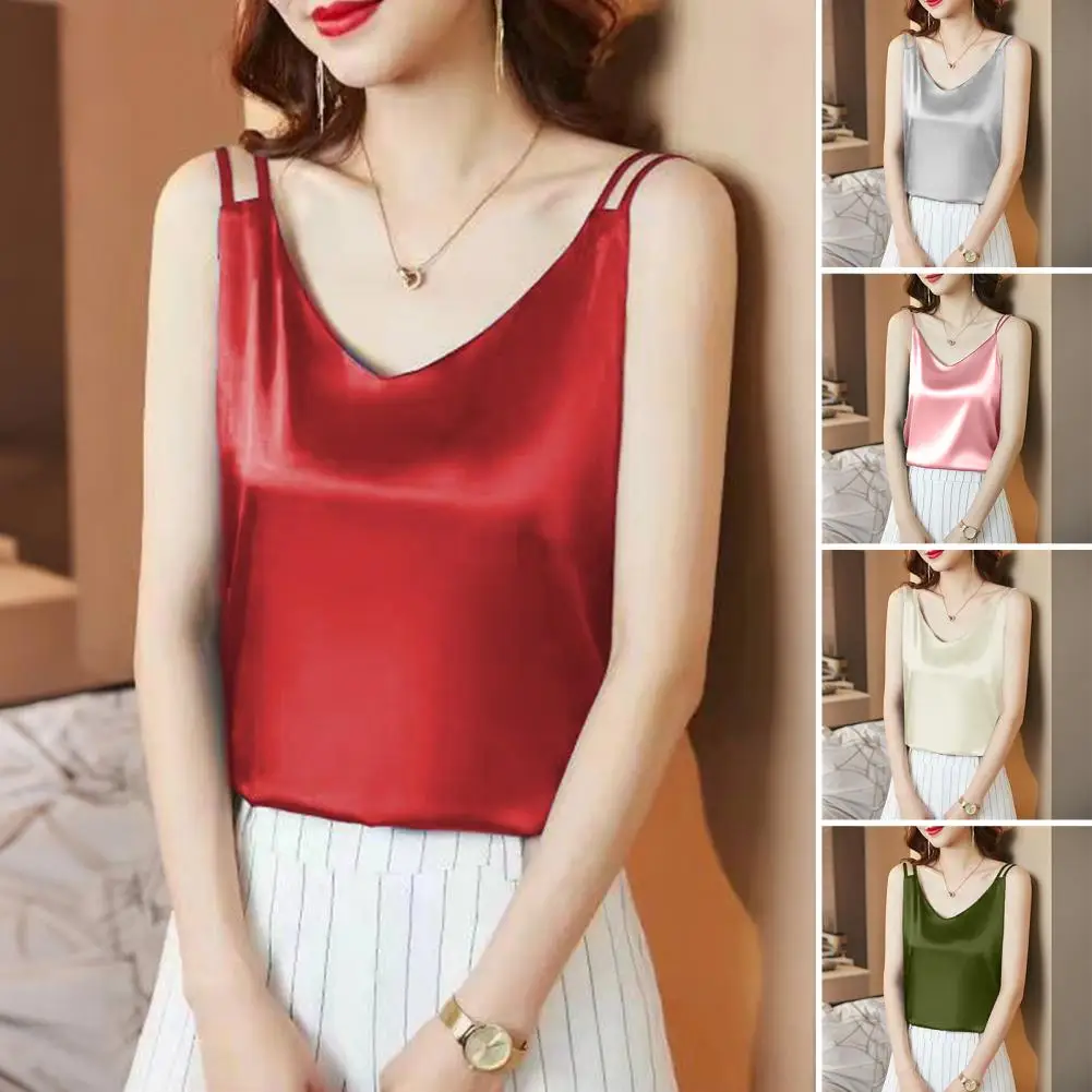 المرأة قاع سترة الخامس الرقبة حبال أكمام السلس بلوزات من الساتان تقليد الحرير قاع سترة تنوعا ارتداء اليومي