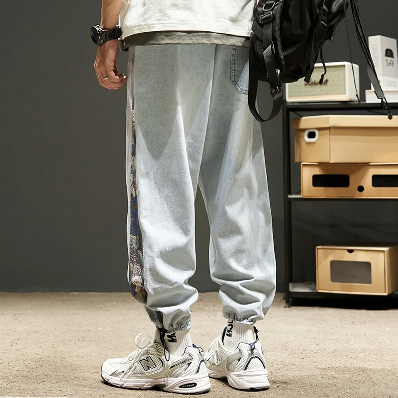 Summer Embroidered Jeans Men Trousers Loose Trendy Brand Thin Tilt Pants Cropped Casual High Elastic Drawstring Waist Sports 023