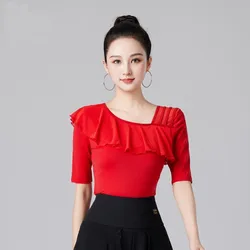 Moden Mesh Patchwork Ballroom Standard Dance Skirts Latin Girls Rhinestones Korean Style Clothing Women Classical Ruffle Tops