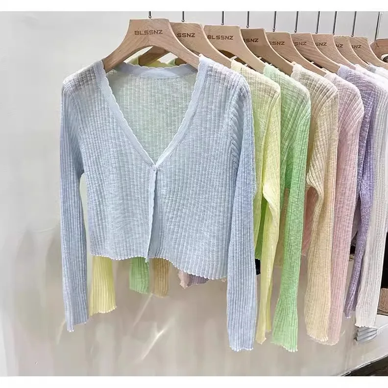 Summer Cardigan Women V-neck Single Breasted Full Sleeve Sheer Thin Loose Fashion Solid All-match Sunscreen Knitwear Tops Slim