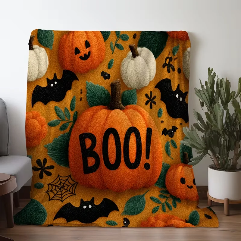 Halloween Boo Pumpkin Bat Throw Blanket Soft Cozy Warm Blanket For Sofa Bed Fall Holiday Decor Halloween Party
