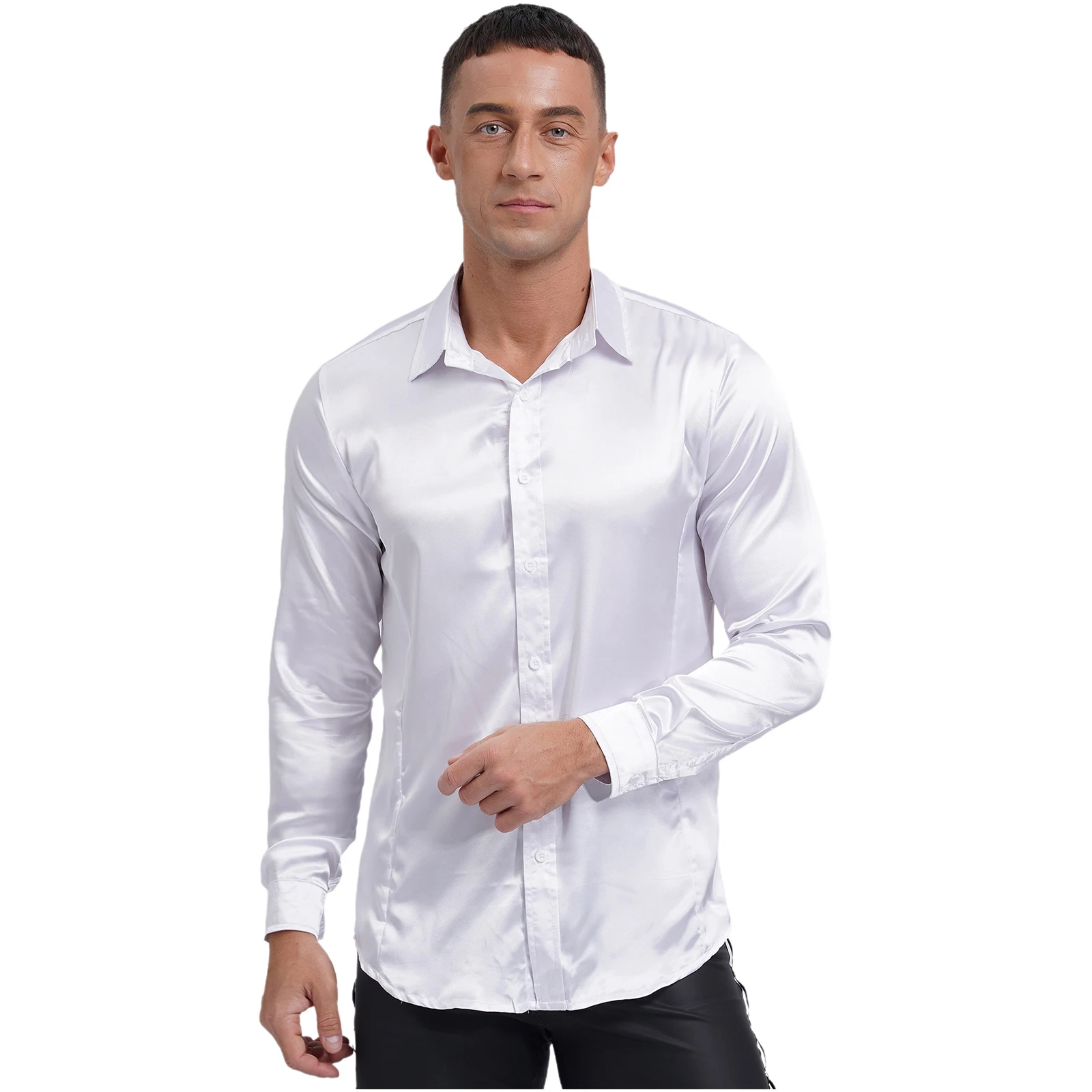 

Men's Satin Luxury Dress Shirt Slim Fit Silk Casual Dance Party Long Sleeve Fitted Wrinkle Free Shirts Office Work Solid Shirts