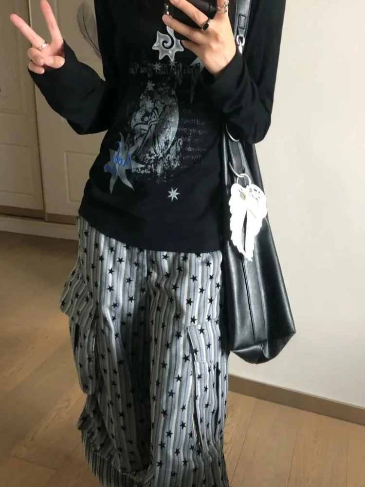 HOUZHOU Vintage Y2k Graficzne Koszulki Damskie Harajuku Gotyckie Czarne Koszulki z Długim Rękawem Grunge Retro Punk Streetwear Koszulki z Nadrukiem