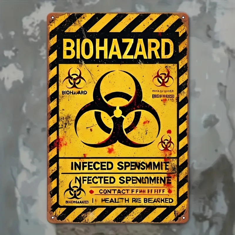 - Vintage Biohazard Warning Sign Retro Metal Tin Art with Distressed Yellow Background & Black Stripes, Textured Surface Indoor