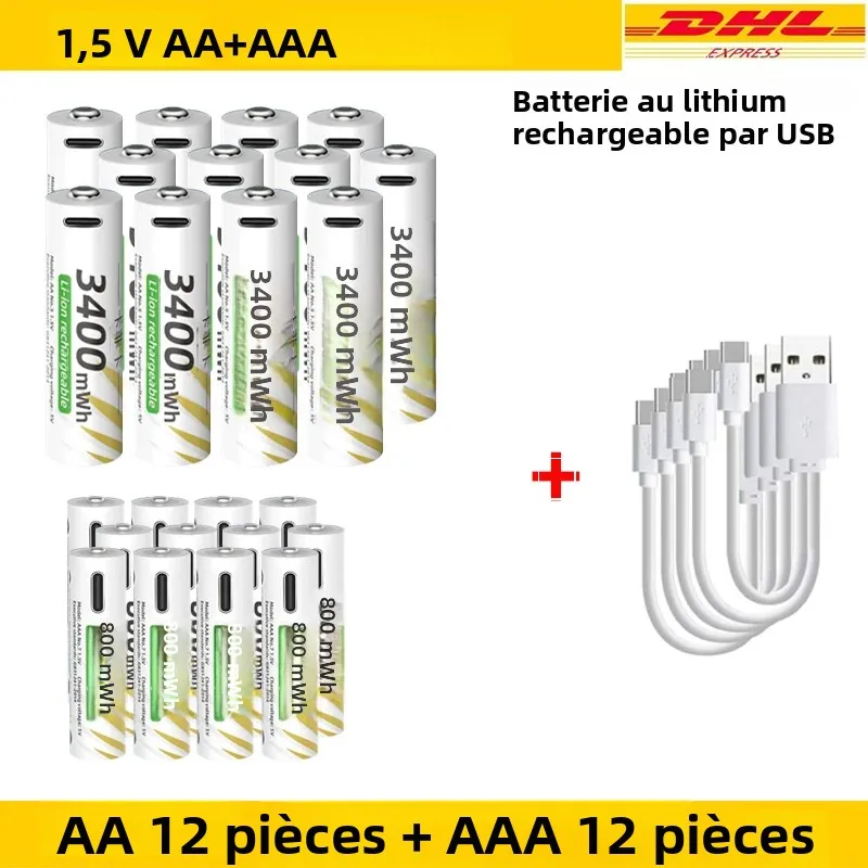 Ensemble de piles au Lithium rechargeables 1.5V AA 3400mWh + AAA 800mWh, avec câble de charge rapide USB-C de Type C, transport aérien