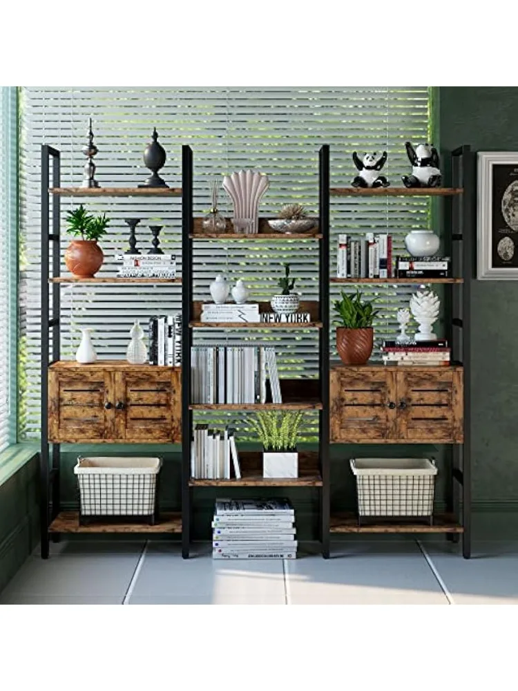 رف كتب صناعي وخزانة كتب مع بابين ورف عرض ثلاثي واسع 5 طبقات مع خزانة تخزين للمعيشة