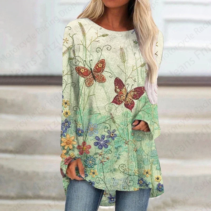 

Women's Tunic Tops 3d Painted Butterfly Floral Print Long Sleeve T-Shirt Gradient Personalized Top T-Shirts Daily Women Clothing