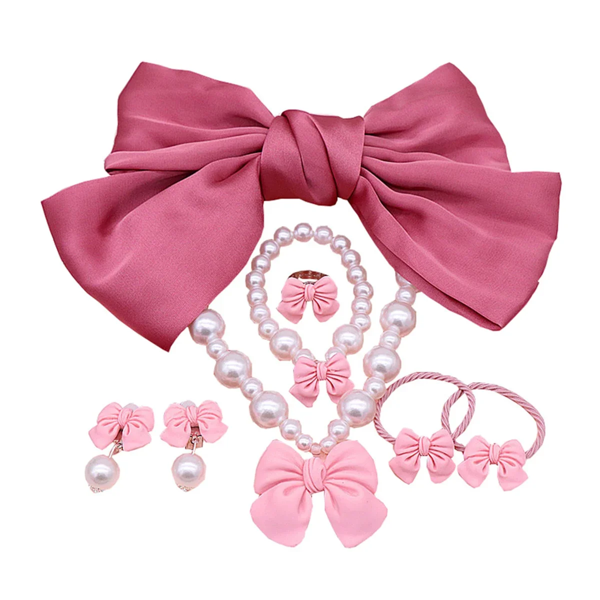 

8pcs Princess Bow Pearl Kids Jewelry for Little Girls - Hair Clips Ties - Stretch Necklace Bracelets Rings and Clip on Earrings