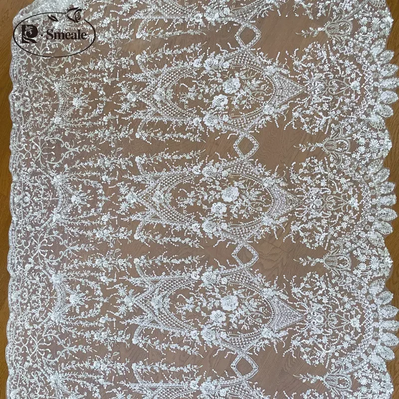 

3D Lace Fabric off white Beaded Sequin Wedding Dress Advanced Custom-made Sewing Fabric