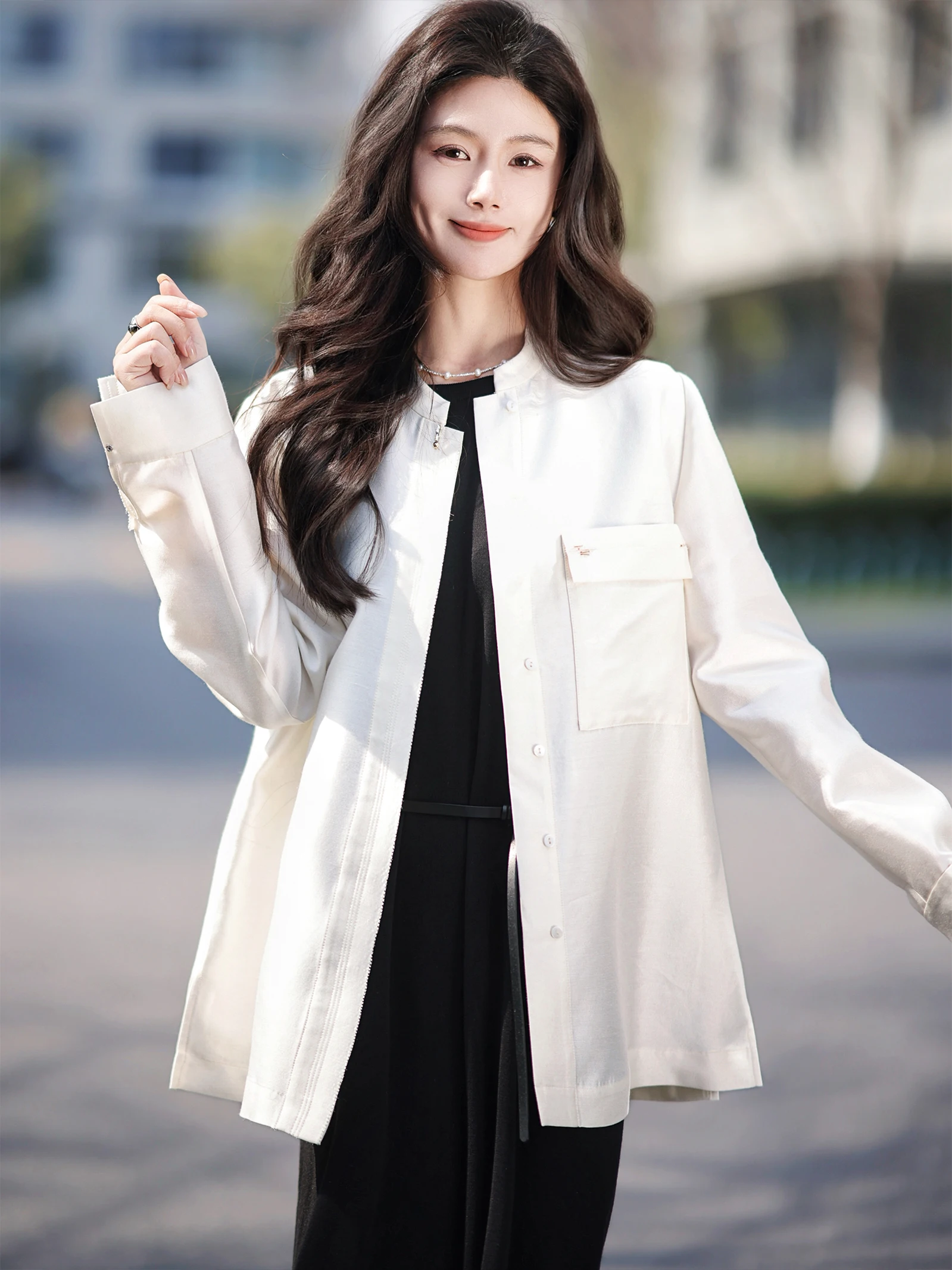 

Zhaodaxi Silk Wool irt Loose Stand Collar Versatile Outerwear Commute Sle Long Sve Simple Design for Young Women