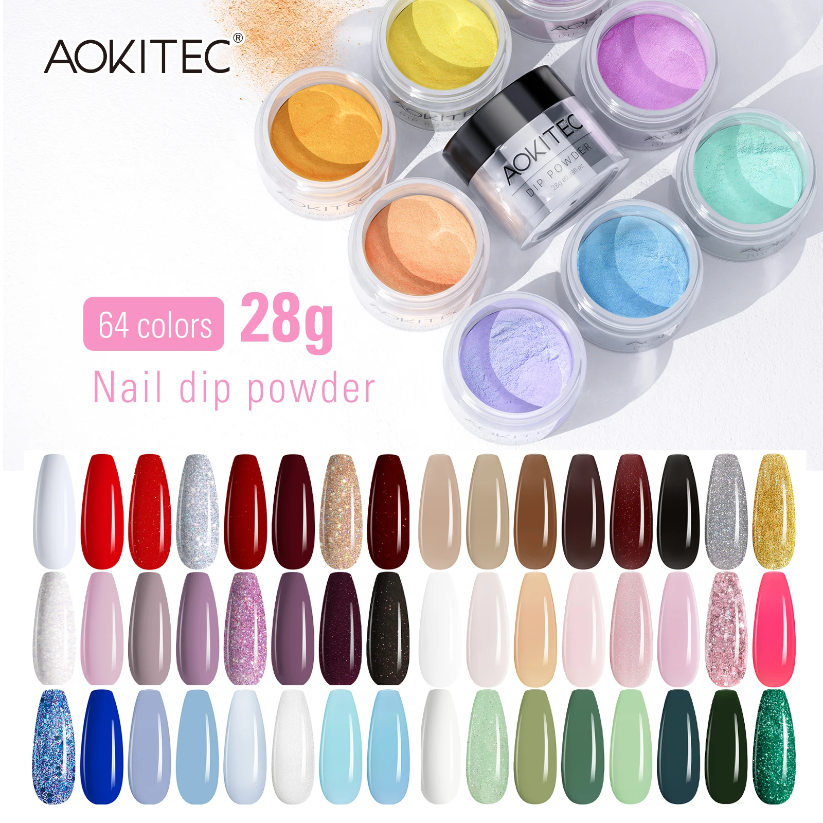 

Aokitec 28G 1PC Nail Dipping Powder Natural Dry No Lamp Cure Pigment Dust Glitter DIY Art Decoration Salon