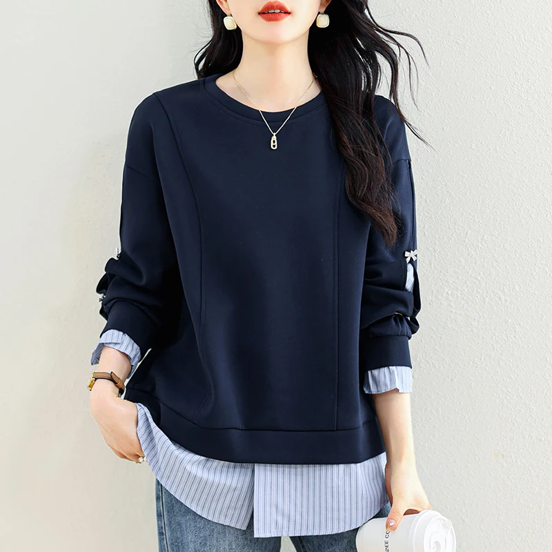 

Faionable plus Size Hoodie with Stripe Splicing Long Sve round Ne Conceal Meat Trendy Fake Two-Piece Sweatirt for Women