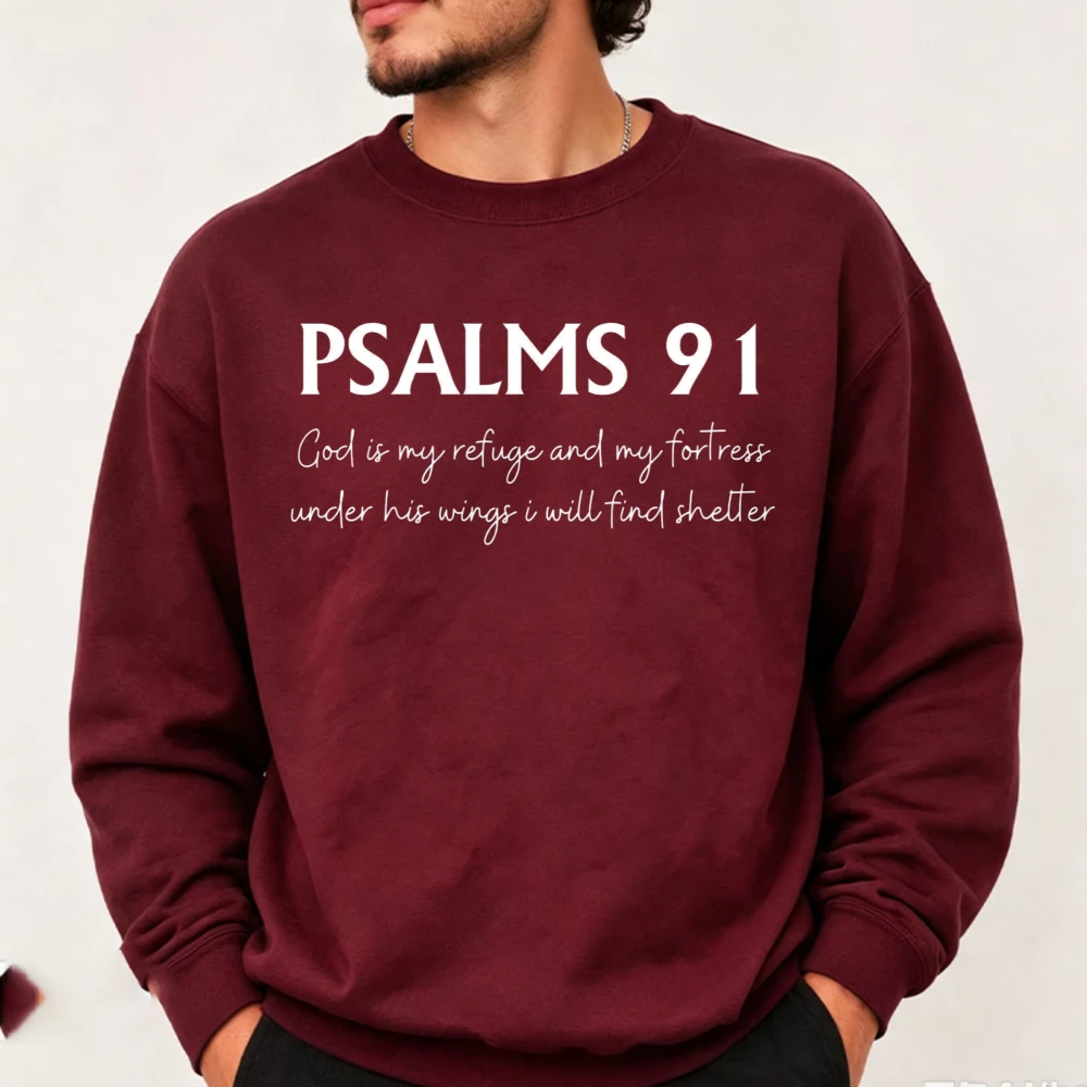 Psalms 91 God Is My Refuge and My Fortress Text Graphic Sweatshirt Christian Faith Bible Verse Believer Soft Casual Pullover Top