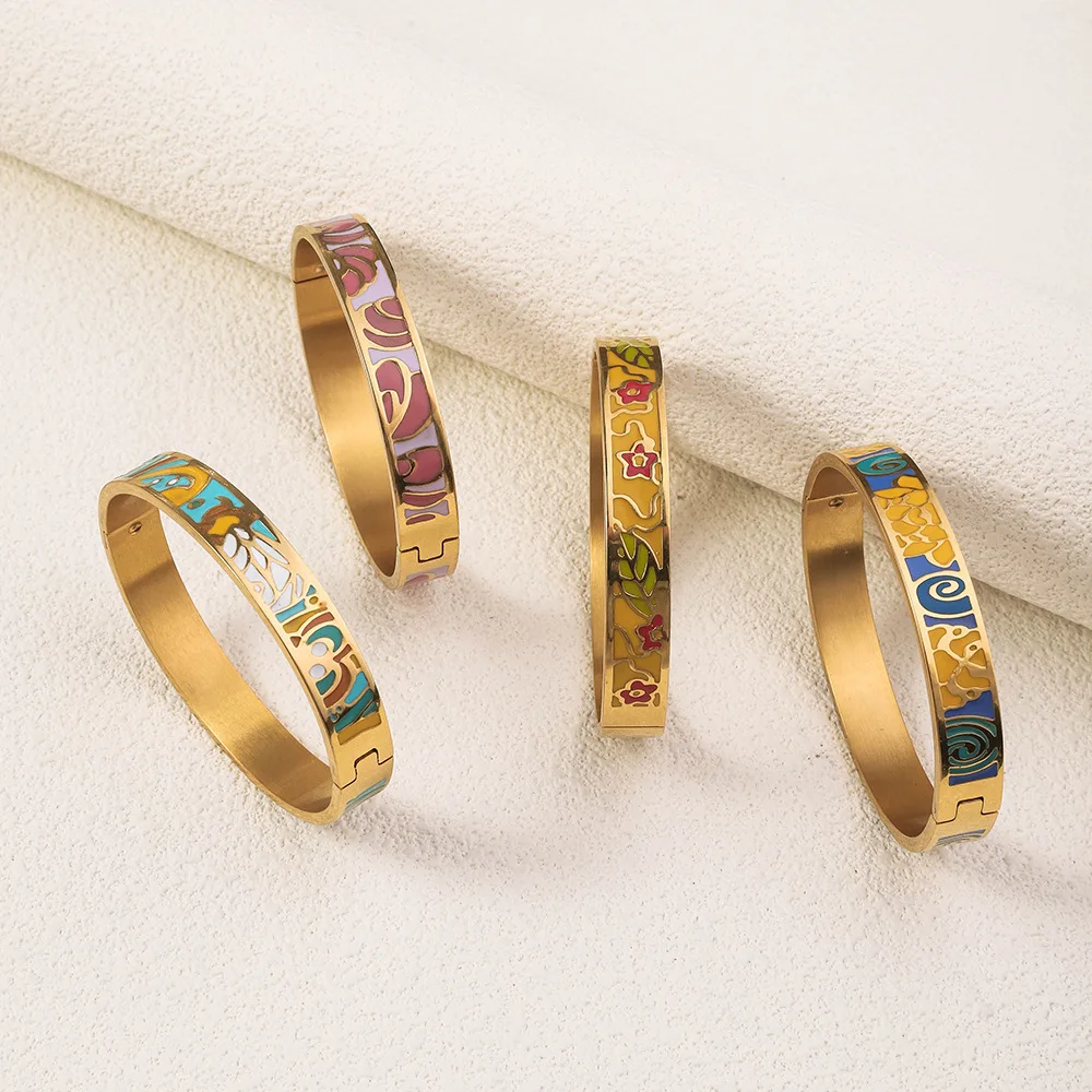 Vintage Stainless Steel Enamel Bracelet For Women Plated 18k Gold Color Open Bracelet Fashion Titanium Steel Jewelry Accessories