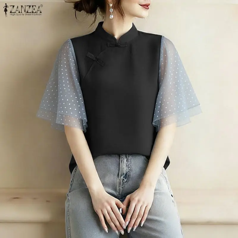 Blusas elegantes de patchwork para mujer, blusas vintage con cuello mandarín y malla de lunares, blusas de media manga ZANZEA, Blusas informales de verano para mujer