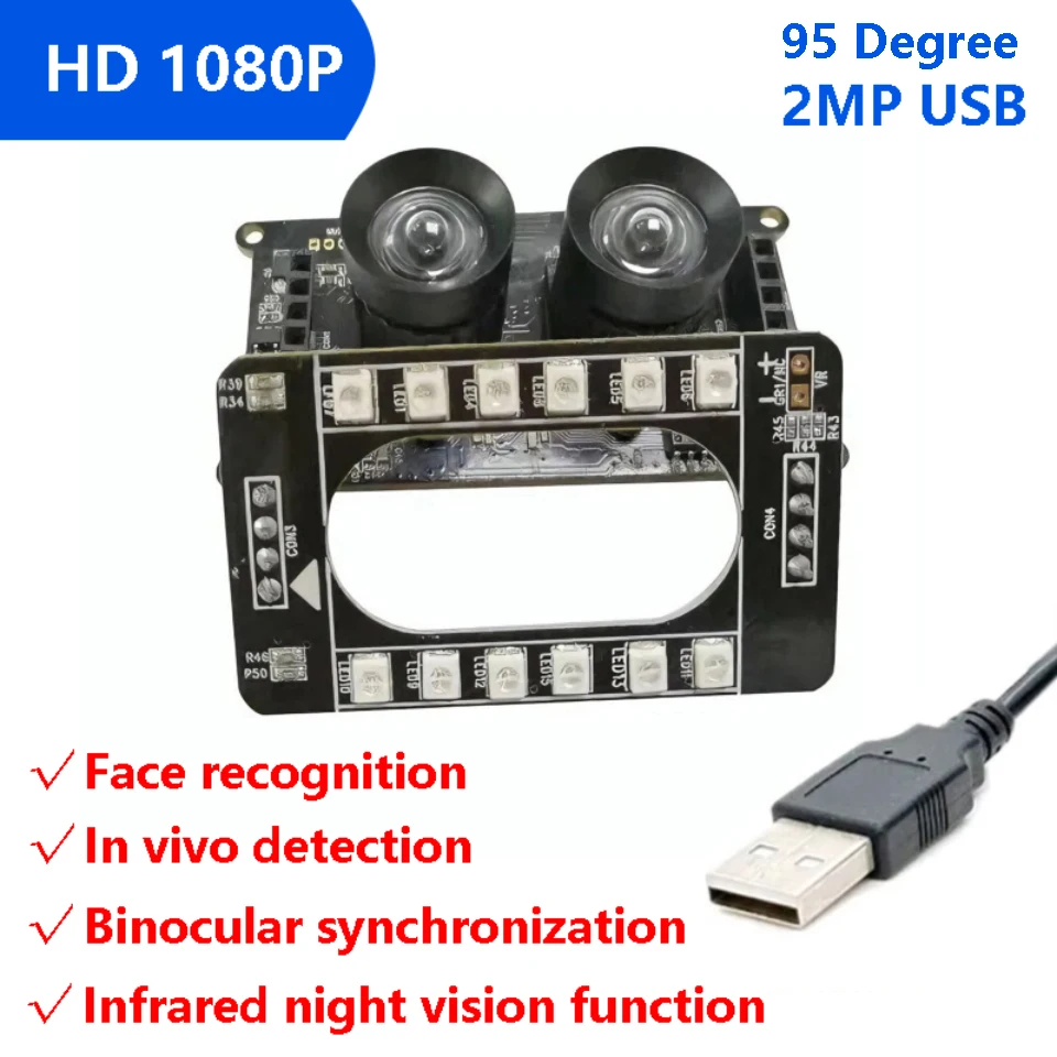 Camera Module 1080P Facial Recognition 2 Million Pixels 30fps USB Camera Module Board 850NM Infrared Night Vision 95 Degree 5PIN