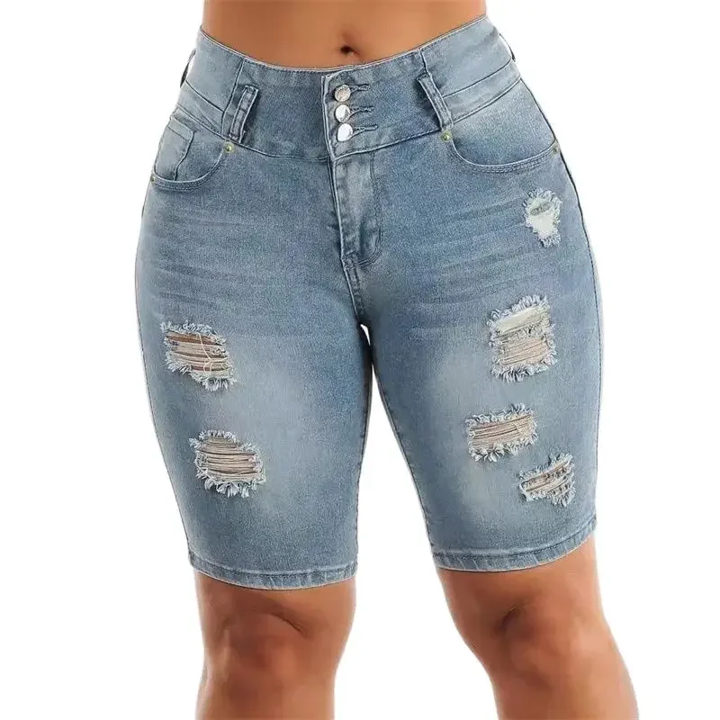 

Fashion Slim Sexy Hip Lift Denim Shorts Women Three Buttons Splice High Waist Three Quarter Pants Female Broken Holes Mini Jeans