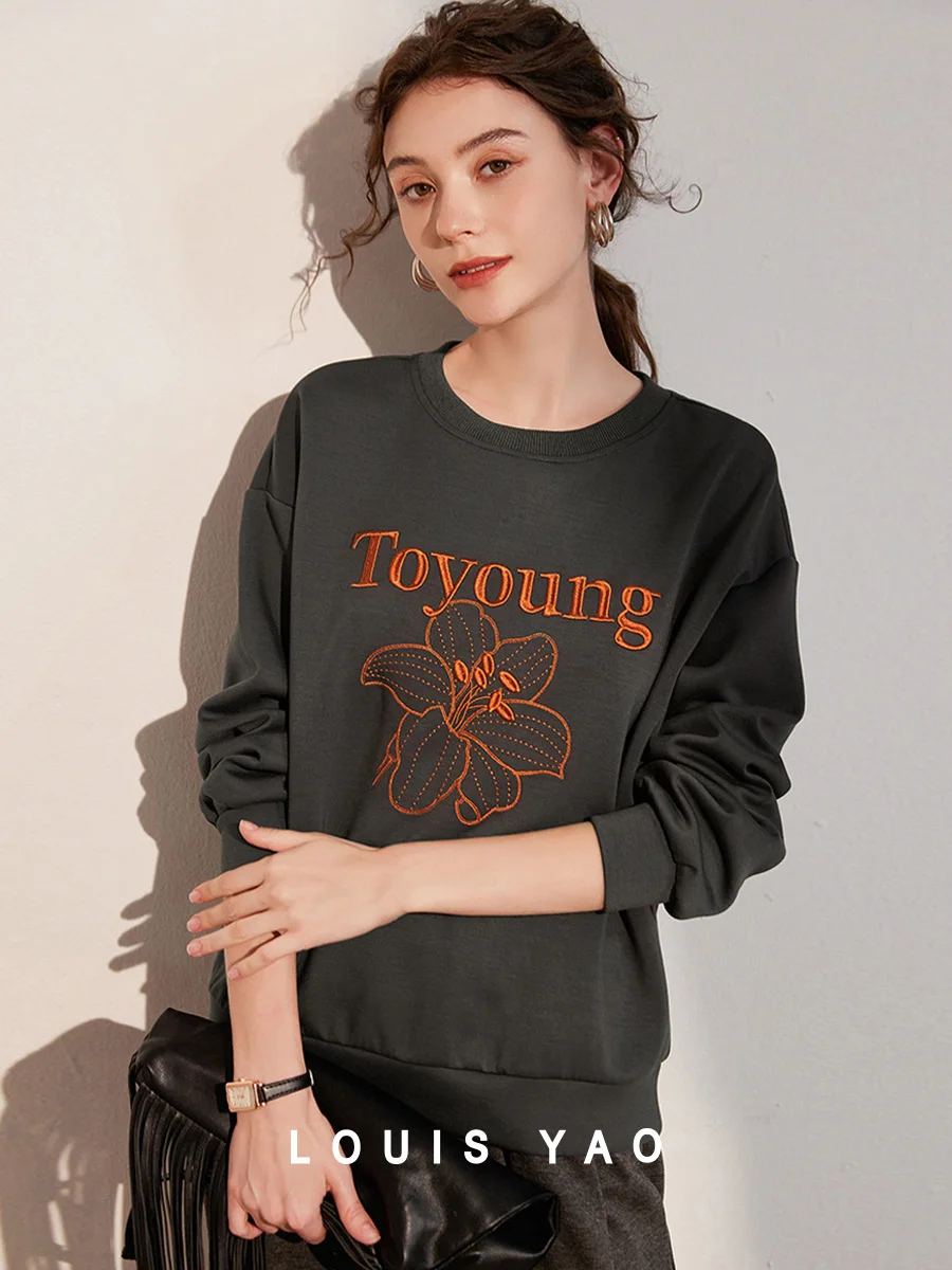 

LOUIS YAO 2025 Autumn Color Contrasting Embroidery Craftsmanship Round Neck Micro Elastic Long Sleeve Women's Hoodie