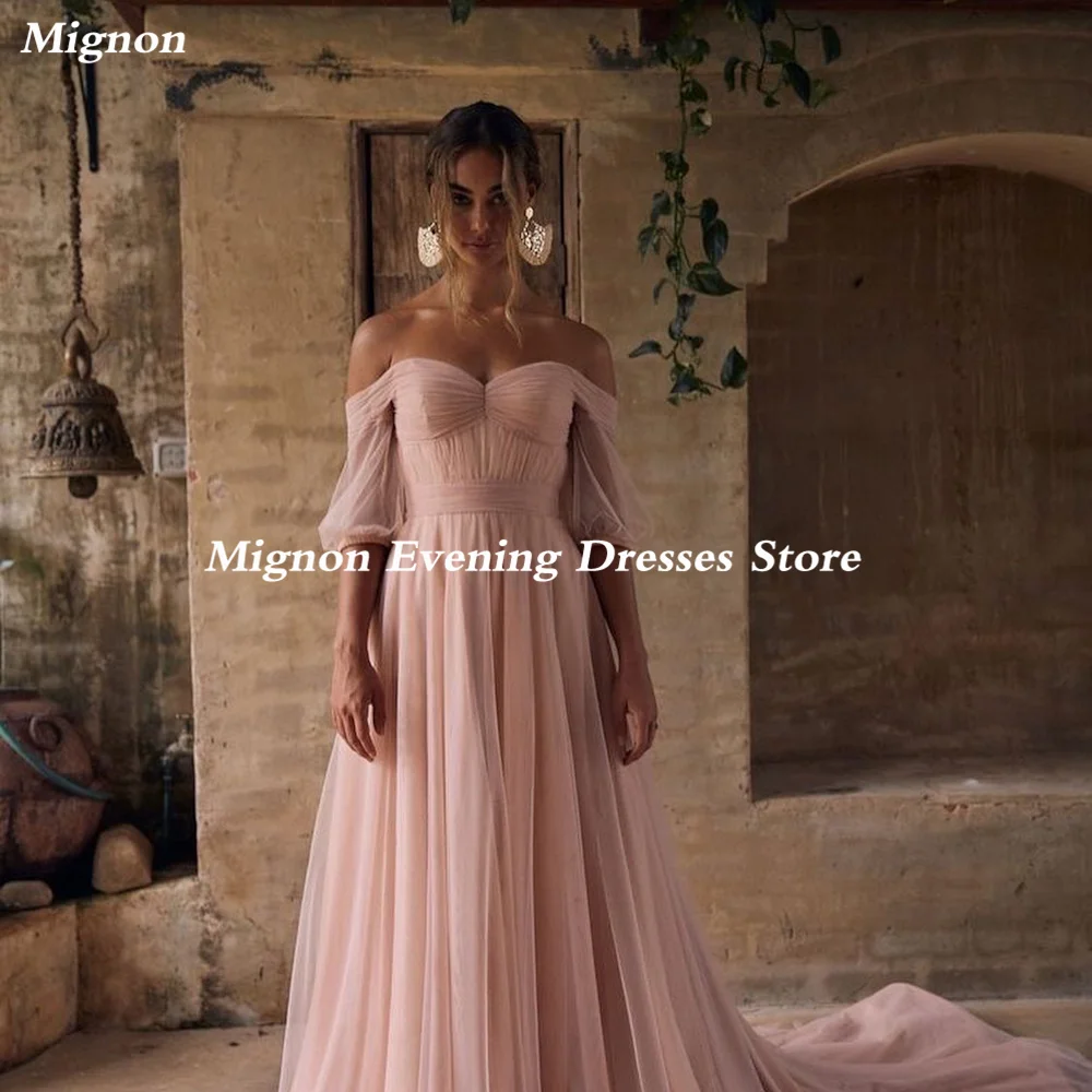 

Mignon Tulle A-line Off-the-shoulder Neckline Prom Gown Ruffle Floor-length Formal Elegant Evening Party Dress for Women 2023