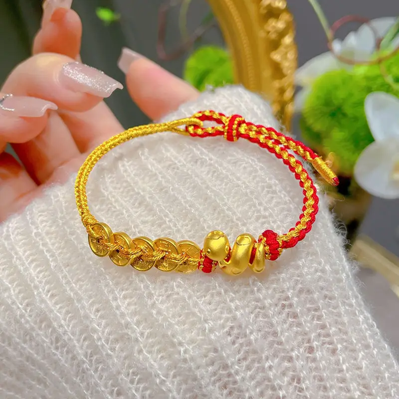 Yellow-gold rolled snake copper coin bracelet for women's new five emperors coins, natal year hand rope gift for girlfriend