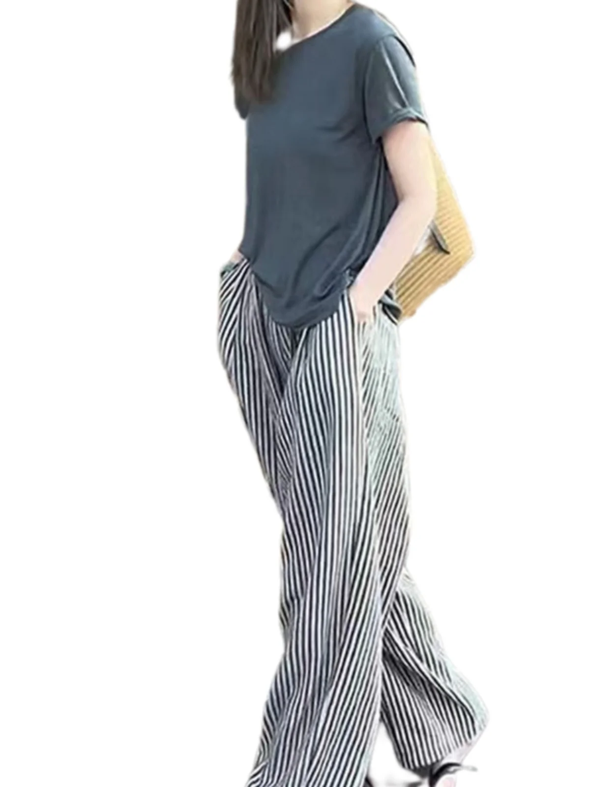 Pantalon coréen à jambes larges pour femmes, fin, ample, amincissant, élastique, taille haute, droit, décontracté, Long, été