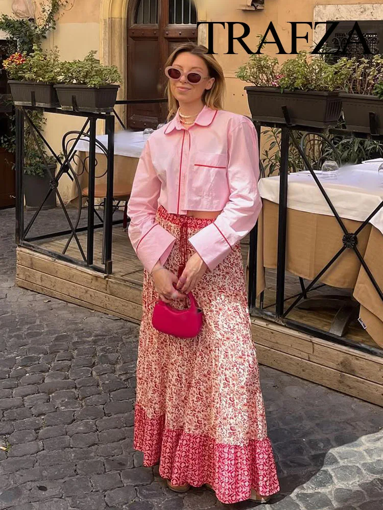

TRAFZA Women Summer New Fashion Floral Print Skirts Female Vintage Elastic Waist A Line Pleated Ankle Length Folds Skirt Mujer