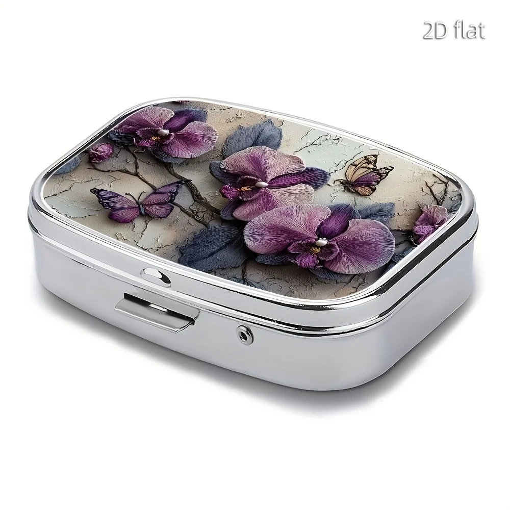 Flat Metal Pill Box with a Butterfly and Flower Design, Double-Layered Mini Portable Pill Box, Decorative Multifunctional Metal Container, with Unique Gift Packaging for Travel and Home Use.