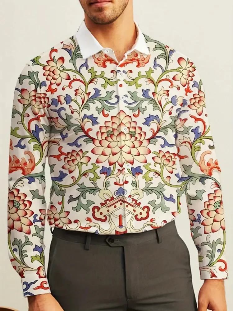 2025 新しいメンズ新しいトレンドシングルブレストシャツフラワープリントカジュアルベーシックコート春夏ビーチスタイルの服