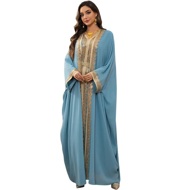 Nouveau Luxe dentelle bande Maxi robes dubaï deux pièces ensemble Abayas manches chauve-souris ceinturé caftan 2025