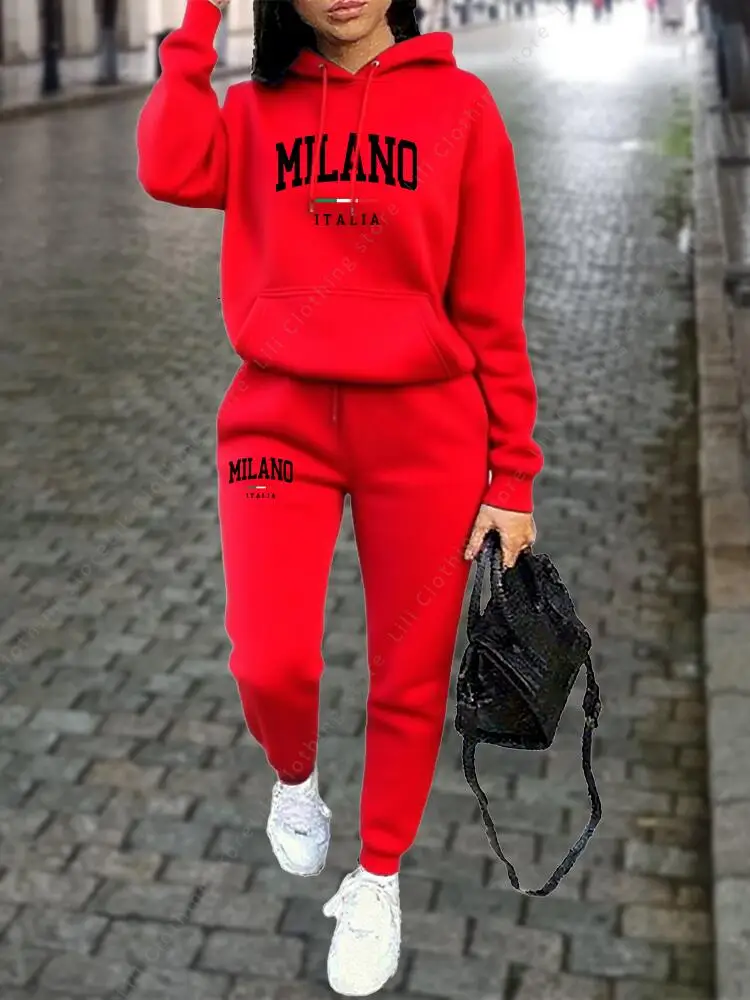MILANO Hosen-Sets für Damen, hochwertige Sweatshirt-Sweatpants-Kapuzenjacke, 2-teiliges Herbst-Winter-Outfit, Damen-Trainingsanzug – Detail 9