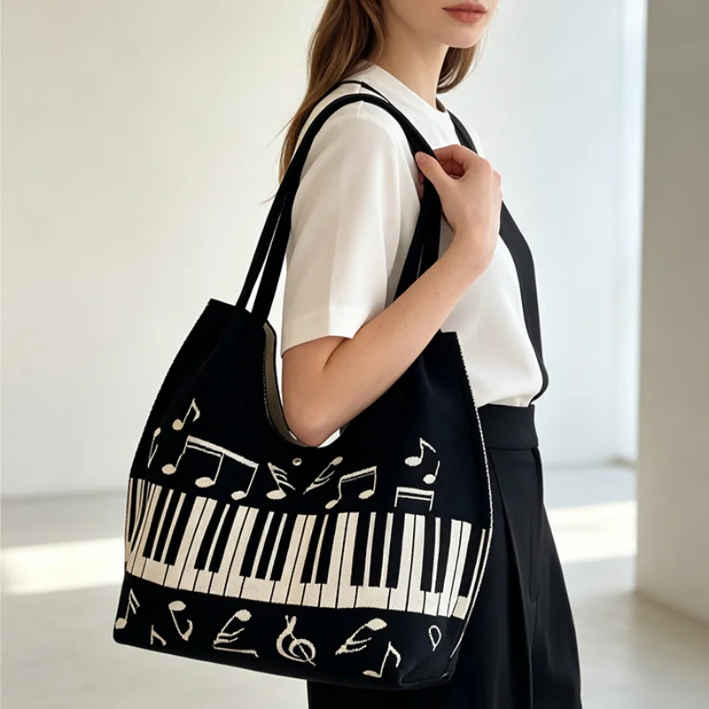 Piano Pattern Knitted Shoulder Bag Trendy Niche Musical Note Prints Large Capacity Bucket Bag Casual Commuter Shopping Bag