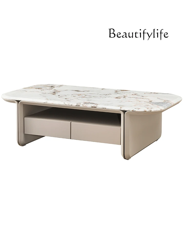 

Italian Mild Luxury Marble Coffee Table Home Living Room Post-Modern Oval Luxury Stone Leather Tea Table