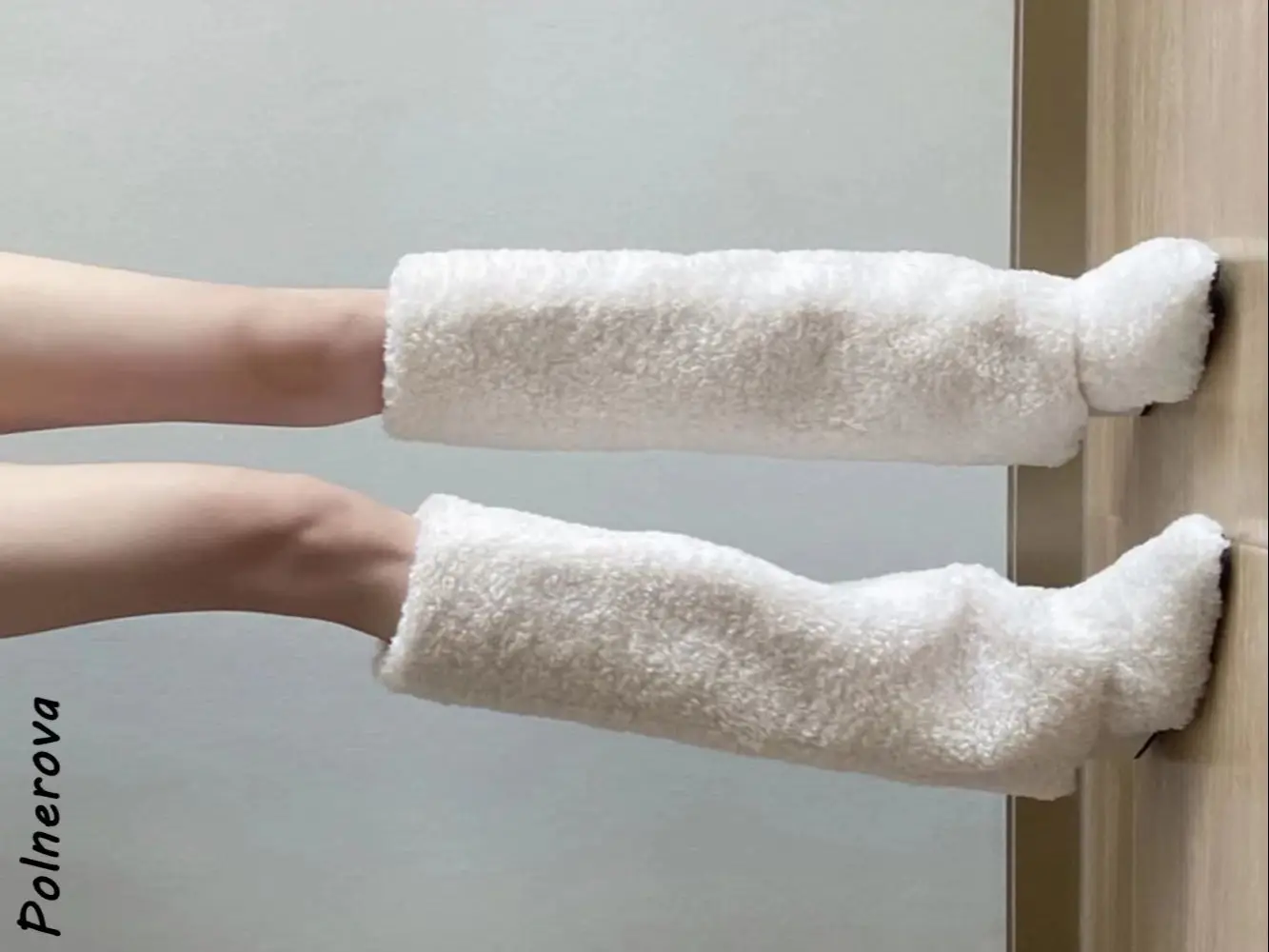 

Lamb's Wool Beige Brown Snow Boots Pointy Toe Wedges Slip On Warm Hotties Knee High Boots Women Fashion Winter Soft Furry Shoes