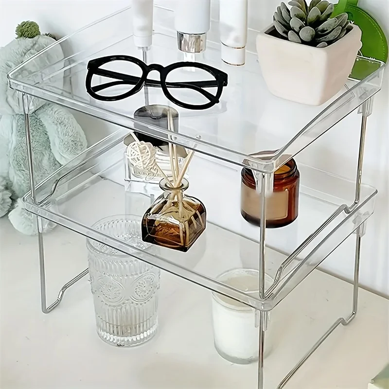 1 PC Clear Acrylic Desktop Organizer - Single-Layer, Foldable & Stackable Storage Solution for Kitchen, Office & More