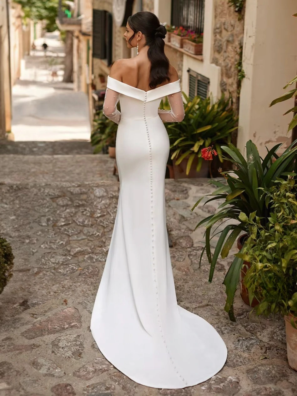 Satin Wedding Dress Off Shoulder Long Sleeves Pearls Mermaid Bridal Gown Deep V Neck Backless Sweep Train Bride Vestido De Noiva