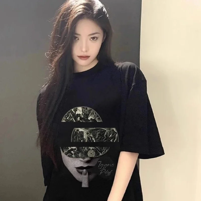 Cotton T Shirt Women Oversized Streetwear, Hip Hop Vintage Graphic Tee Face, Print Black Summer Casual Loose Top, 2025 New Fashi