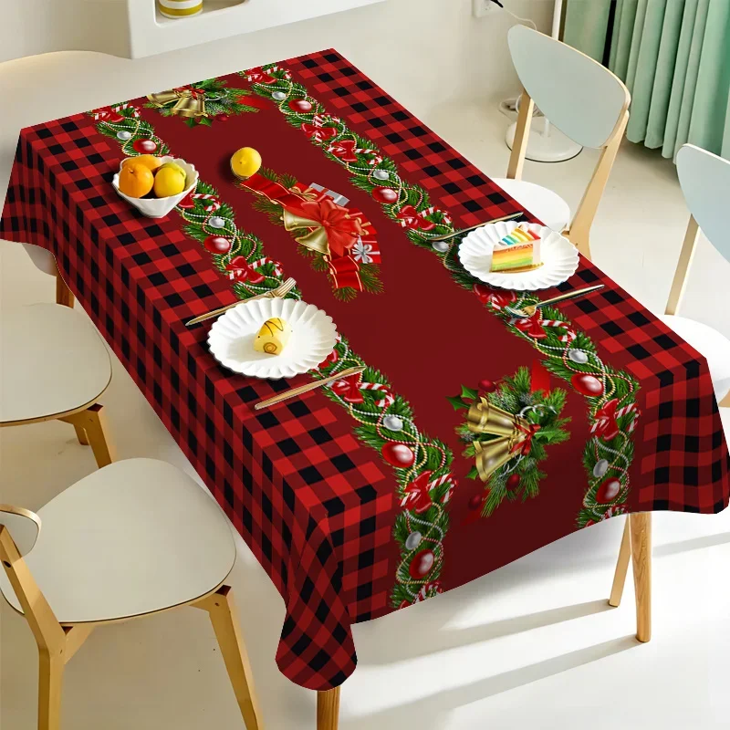 1Pc Christmas Plaid Tablecloth Red Black Buffalo Check Garland Bells Ornaments Print Table Cover For Holiday Party Dining Home
