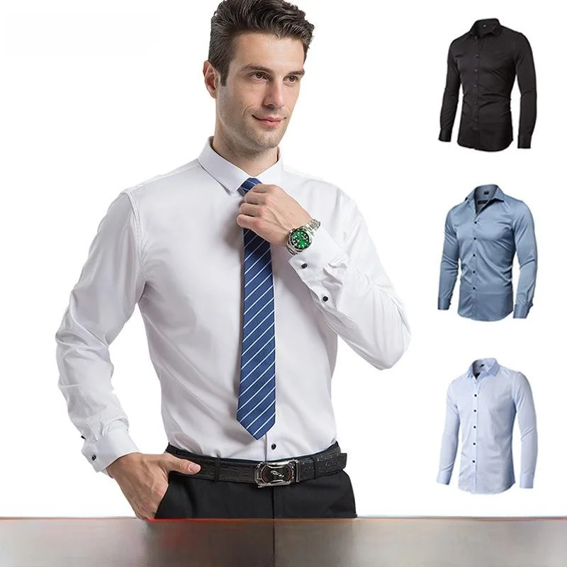 

High Elasticity Slim Fit Long Sleeve Business Shirt for Men White Airwallex Cross-Border Shirt Spring Season Regular Thickness