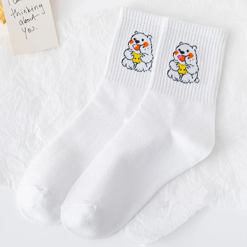 White Women\'s Cartoon Bear Penguin Cute Socks Spring And Summer Fashion Casual Breathable Cotton Socks Harajuku Kawaii