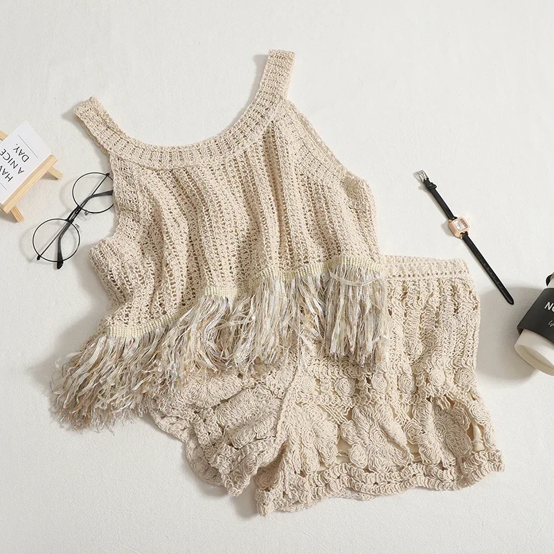 Women Summer Holiday Beachside Sets Sexy Women Crochet Sets Summer Women  Hook Flower Hollow out Suits