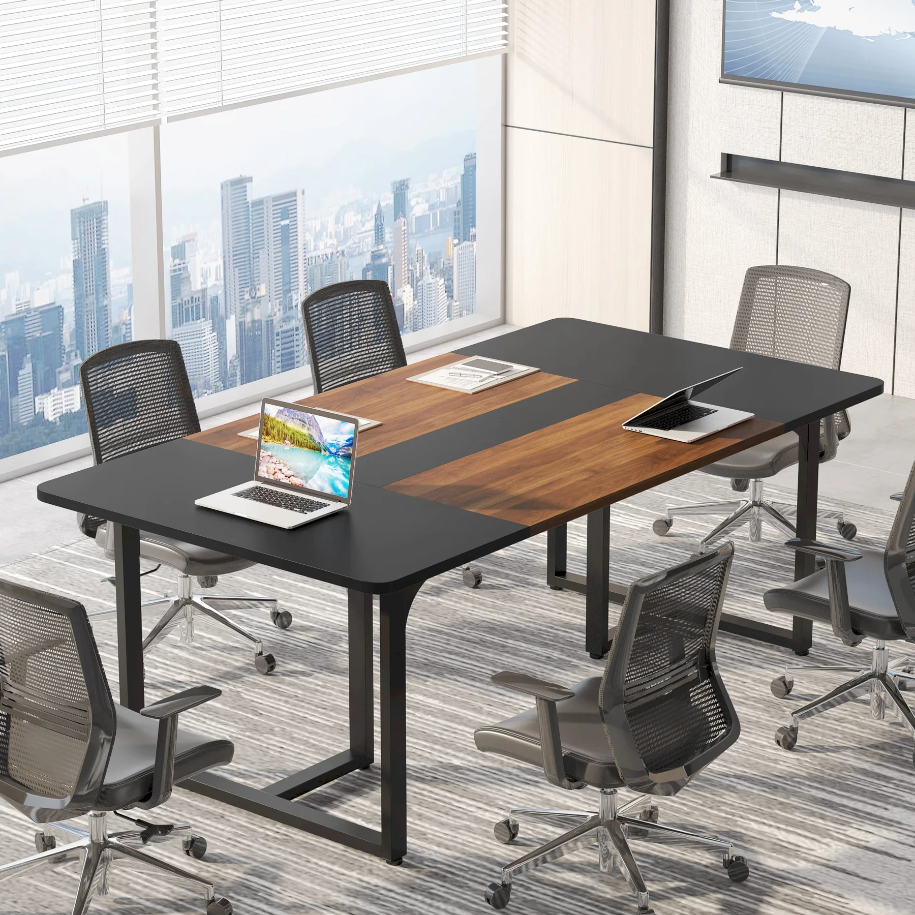 Tribesigns 70.86'' Executive Desk, Large Office Computer Desk with Metal Frame, Business Furniture,  Rectangle Conference Table