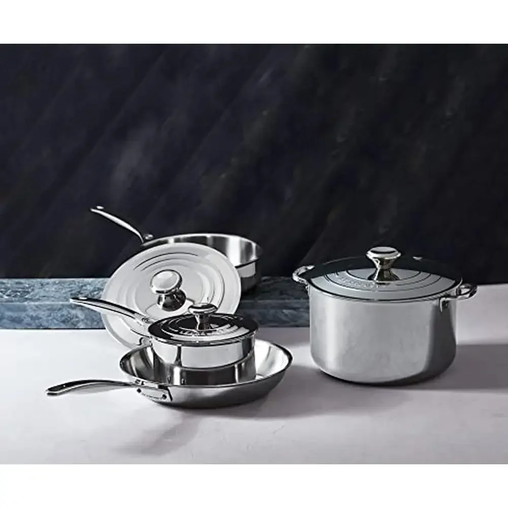 7 pc. Triple-Layer Stainless Steel Cookware Set Superior Heat Distribution & Prevents Scorching Iconic Three-Ring Lid with Steam